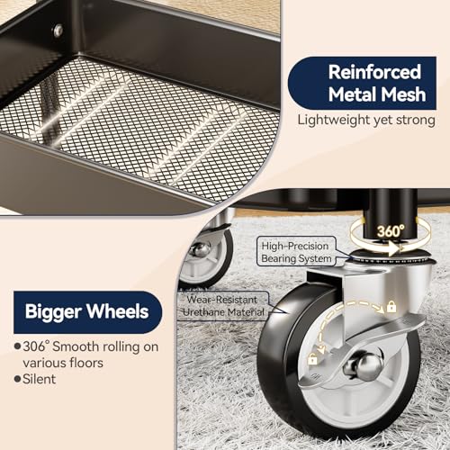 YASONIC 3 Tier Rolling Cart - Metal Utility Cart with Wheels, Hanging Cups, Hooks, Heavy Duty Mesh Rolling Storage Cart Organizer, Craft Cart for Kitchen Office, Lightweight and Sturdy