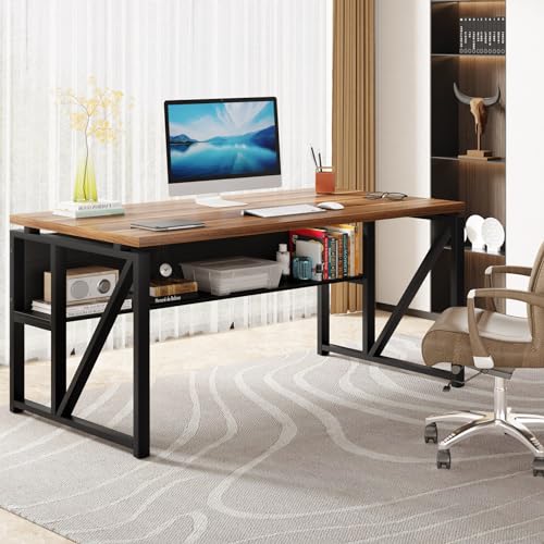 Tribesigns 55 inches Computer Desk with Bottom Storage Shelf Home Office Desk Writing Table for Workstation, Dark Walnut + Steel Leg, Cabinet not Included (Walnut, 55-inch -with Shelf)