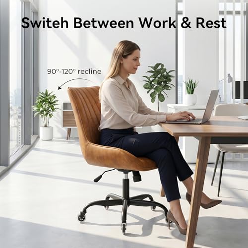 Armless Office Chair, Mid Back Modern Desk Chair with Rubber Wheels, 360 Swivel PU Leather Office Chair No Arms, Adjustable Height Small Computer Chair, Armless Desk Chair for Office, Brown