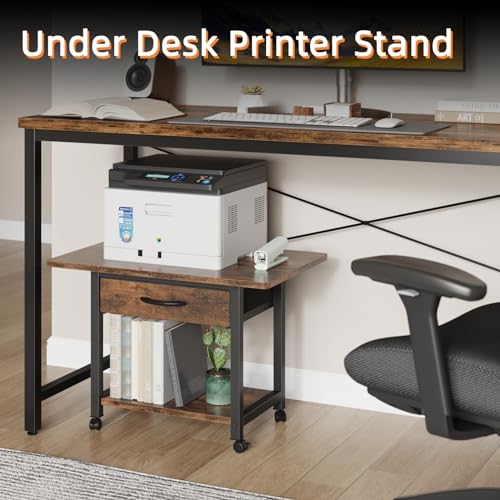 YAOHUOO 22"x15" Large Printer Stand with Drawer, 2-Tier Rolling Table Cart