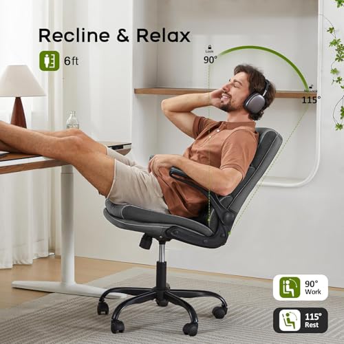 Office Chair Adjustable Desk Chair Mid Back Executive Comfortable Bonded Leather Ergonomic Back Support Home Computer Chair with Padded Flip-up Armrest Swivel Wheels (White)