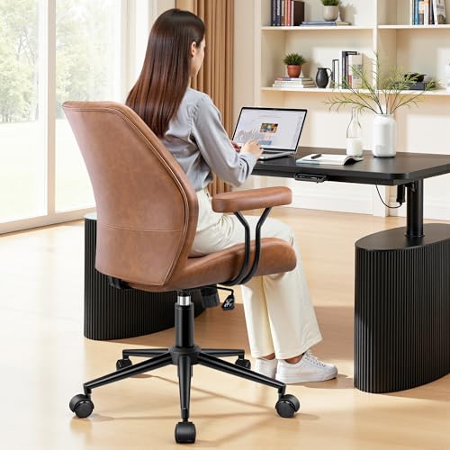 HeroSet Leather Office Chair with Removable Armrests, Mid Back Ergonomic Desk Chair with Lumbar Support, Adjustable Height Rocking Swivel Executive Chair for Home Office, Brown