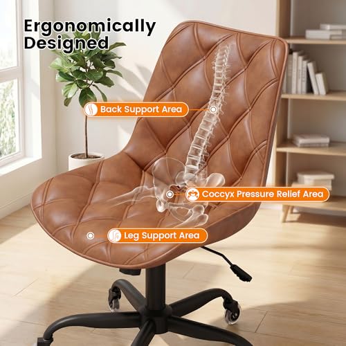 Armless Office Chair, Mid Back Modern Desk Chair with Rubber Wheels, 360 Swivel PU Leather Office Chair No Arms, Adjustable Height Small Computer Chair, Armless Desk Chair for Office, Brown