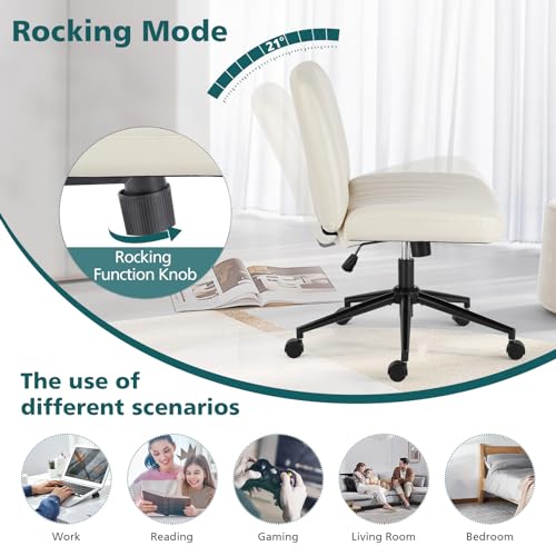 OLIXIS Criss Cross Chair with Wheels Wide Cross Legged Office Desk Vanity Chair Comfy Fabric Armless Adjustable Swivel for Home Computer Task PU Beige