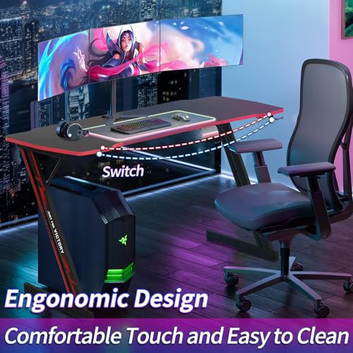 XXkseh 39 Inch Z-Shaped Computer Desk with Headset Hook - Ergonomic Small Gaming Table, MDF Desktop and Metal Frame, Red