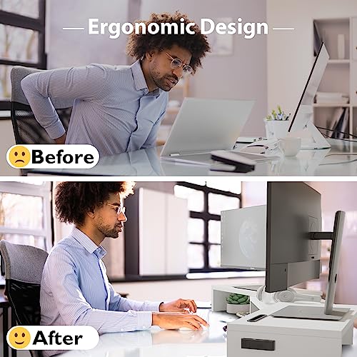 BONTEC Dual Monitor Stand Riser, Adjustable Length & Swivel Angle, Ergonomic Wooden Desktop Organizer with Smartphone Holder, Computer Monitor Stand for PC Monitor, Laptop, Printer, Large Storage
