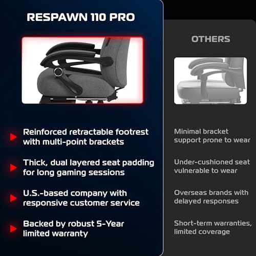 Respawn 110 Pro Ergonomic Gaming Chair with Footrest for Adults - Comfortable Office Gaming Recliner with Lumbar Support and Headrest, Racing Style Video Game Chairs for Computer Gamer - Gray Fabric