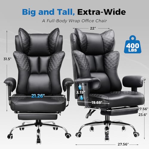 GTPLAYER Big and Tall Office Chair Wide Ergonomic Gaming Chair with Deluxe Embossing Designed Leather with Foot Rest,150°Reclining Adjustable Soft Armrests Pocket Spring Back Support and Pillow