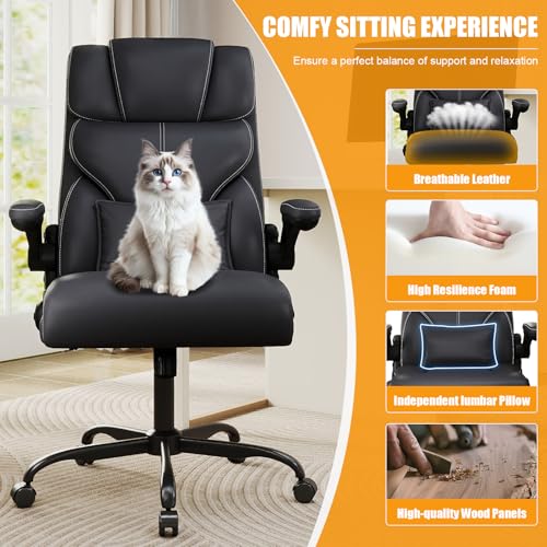 Executive Office Chair with Flip-up Armrests,Ergonomic Computer Desk Chairs,Mid-Tall Back Leather Office Chair,Lumbar Support Swivel PC Chair with Rocking Function