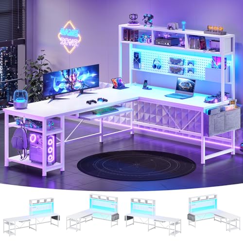 SEDETA White L Shaped Gaming Desk, Reversible Corner With Power Outlet and Pegboard, Hutch, Storage Shelf, Keyboard Tray, and LED Lights for Home Office