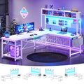 SEDETA White L Shaped Gaming Desk, Reversible Corner With Power Outlet and Pegboard, Hutch, Storage Shelf, Keyboard Tray, and LED Lights for Home Office