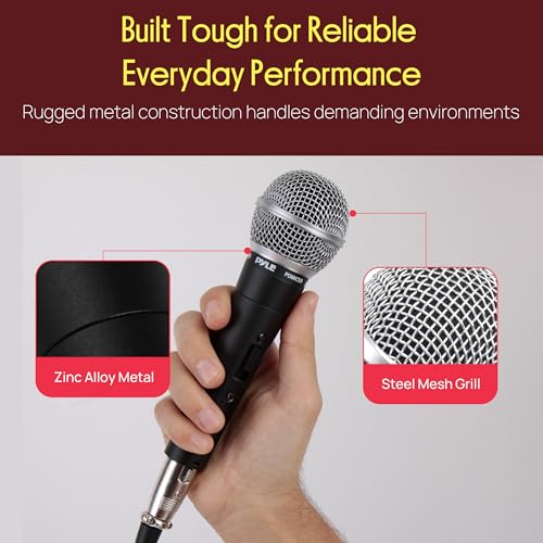 Pyle Professional Dynamic Vocal Microphone - Moving Coil Dynamic Cardioid Unidirectional Handheld Microphone with ON/OFF Switch Includes 15ft XLR Audio Cable to 1/4'' Audio Connection - PDMIC59