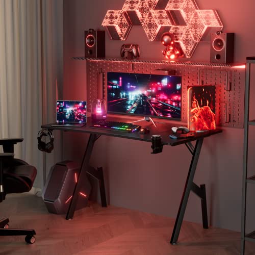 HLDIRECT 47 Inch Gaming Desk, Large Computer Gaming Desk Table with Cable Management, Ergonomic Carbon Fiber Gamer Table Pc Work Home Office Desks with Cup Holder & Headphone Hook & Mouse Pad, Black