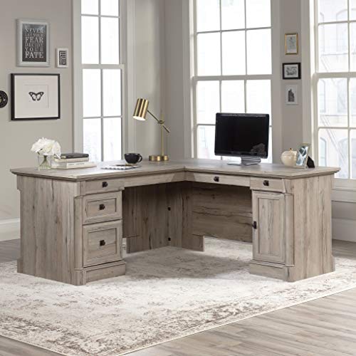 Sauder Palladia L Shaped Desk with Drawers, Office Desk with File Cabinet Storage, Cable Management, Keyboard Tray, in Split Oak finish