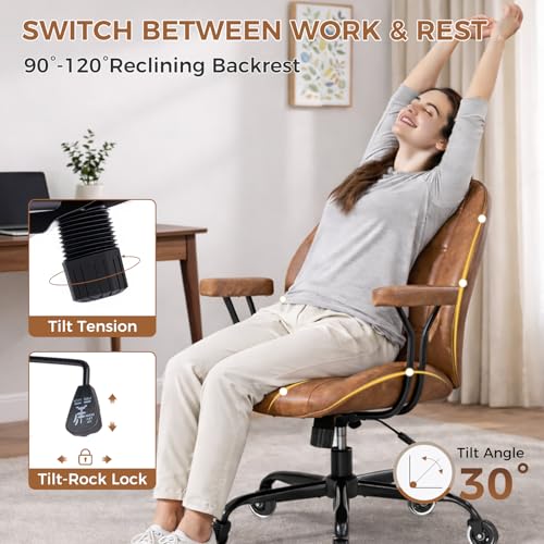 YUNSCEND Brown Leather Office Chair with Quiet Rubber Wheels