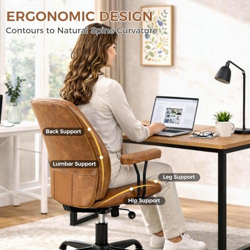 YUNSCEND Brown Leather Office Chair with Quiet Rubber Wheels