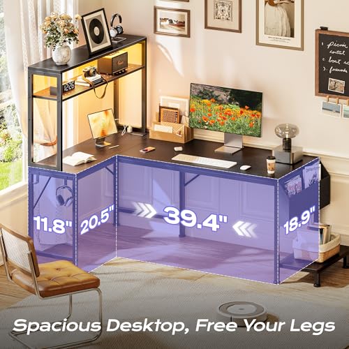 PRAISUN 51.2" L Shaped Gaming Desk with Power Outlets & USB-C Port, LED Lights, Computer Desk with Pegboard, Corner Desk with Storage Shelves & Bag, Office Desk with CPU Stand for Home Office, Black