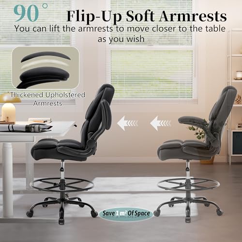 Ergonomic Drafting Chair, Tall Office Chair for Standing Desk, High Back Standing Desk Chair with Flip-Up Armrest, Adjustable Height&Foot Ring, Executive PU Leather Extended Height Office Chairs,Black