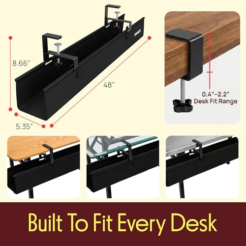 Pyle 48" Under Desk Cable Management Tray, Under Desk Wire Organizer with Clamp or Screw Mount, Desk Cable Organizer with Fabric Design for Large Workstations, Built-in Ties, 20 lb Capacity, Black