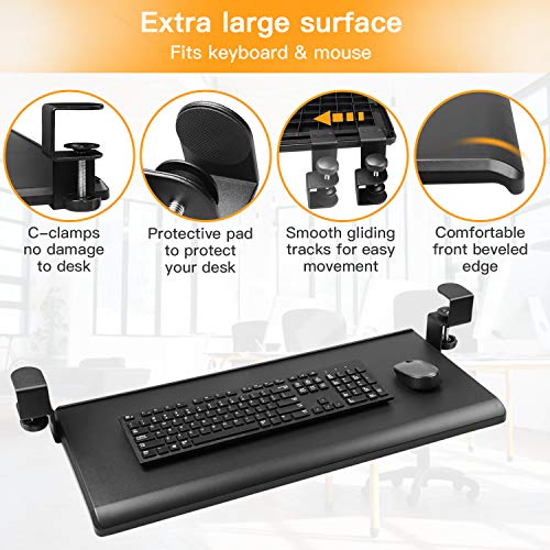 HUANUO Keyboard Tray Under Desk with C Clamp-Large Size, Steady Slide Keyboard Stand, No Screw into Desk, Perfect for Home or Office