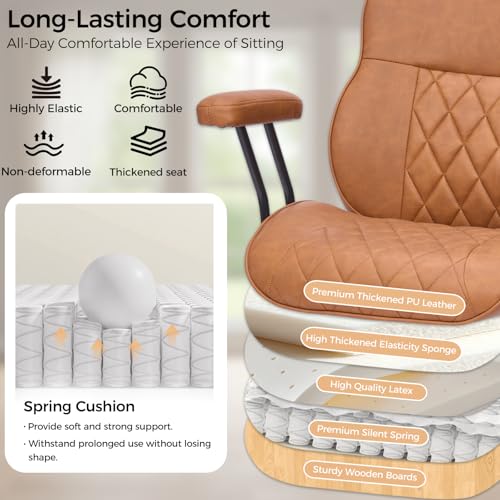 BEWISHOME Brown Leather Office Chair – Features Rubber Wheels