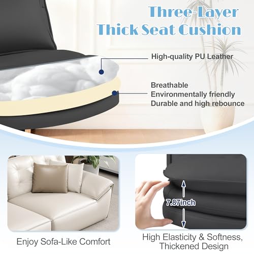 Furmax Criss Cross Legged Office Chair with Wheels, Armless Extra Wide Seat Swivel Desk Chair, Adjustable Height Comfy Task Chair with Thick Cushion for Home Office Bedroom Vanity (PU Leather, Black)