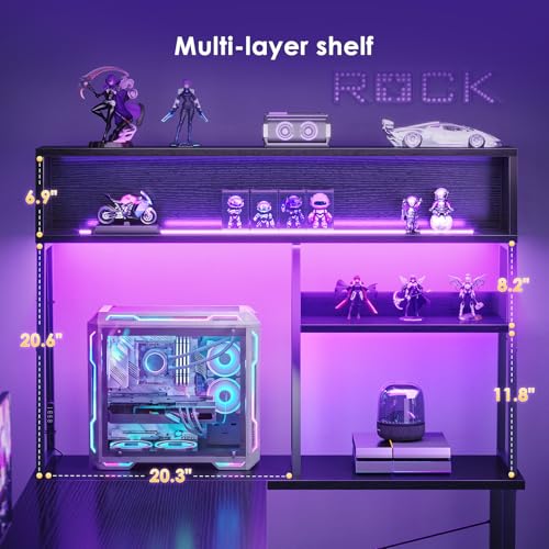 AODK L Shaped Gaming Desk with Led Lights, 51 Inch Reversible Gaming Computer Desk with Display Shelves, PC Gamer Desk Gamer Table with Storage Bag, L Desk for Game, Black