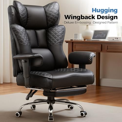 GTPLAYER Big and Tall Office Chair Wide Ergonomic Gaming Chair with Deluxe Embossing Designed Leather with Foot Rest,150°Reclining Adjustable Soft Armrests Pocket Spring Back Support and Pillow
