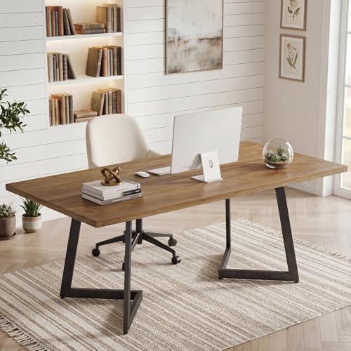 Tribesigns 62.2-Inch Industrial Executive Desk, Simple Modern Home Office Computer Desk with Sturdy Metal V-Shaped Legs, Large Study Writing Table Business Workstation, Easy Assembly (Brown+Black)