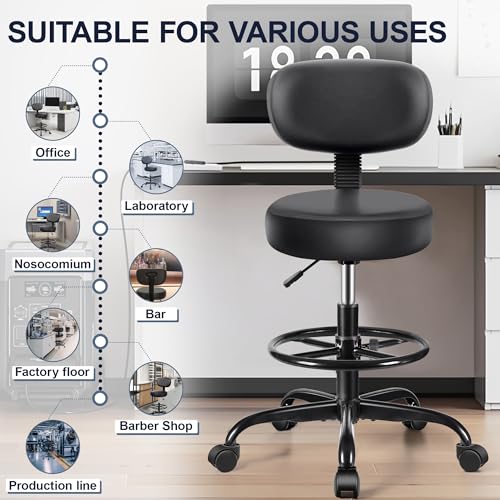 Brick Attic Drafting Chair with Backrest – Adjustable Foot Rest Rolling Stool with Wheels, PU Leather Swivel Stool for Office Spa Studio Lab Counter Salon Home Work Bar Kitchen Shop(Black)