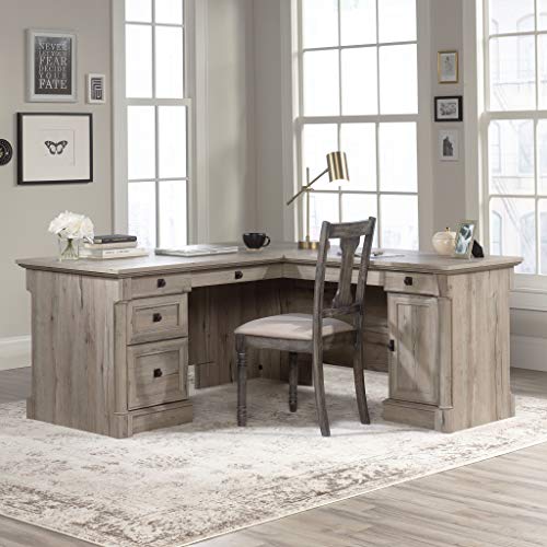 Sauder Palladia L Shaped Desk with Drawers, Office Desk with File Cabinet Storage, Cable Management, Keyboard Tray, in Split Oak finish