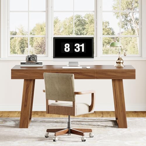Tribesigns 55-inch Computer Desk with Drawer, Retro Walnut Big Home Office Desk, Modern Executive Desk Writing Desk Workstation Table for Home
