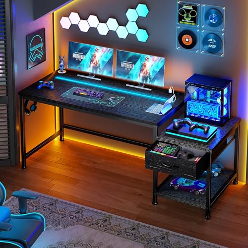 56 Inch Gaming Desk with Printer Shelf and LED Lights,Reversible Computer Desk with Drawers and Power Outlets,Study Table with Hooks for Headphone,Bags,Black Desk Work Desk for Teen Bedroom,Dorm
