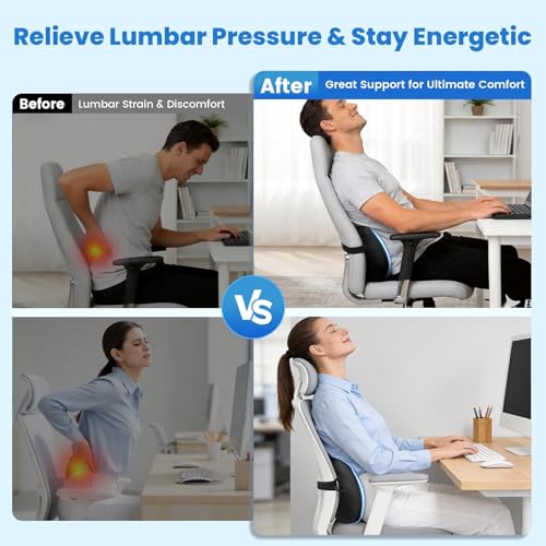 ComfyInLove Lumbar Support Pillow for Office Chair, Memory Foam Lower Back Support, Ergonomic Lumbar Pillow with Adjustable Strap, Breathable Cover (Black)
