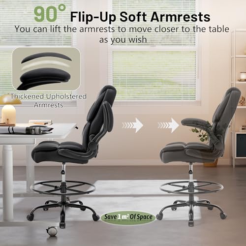 500LBS Drafting Chair, High Back Safer Standing Desk Chair, Executive Tall Office Chair with Flip-up Armrests, Upholstered PU Leather Task Chair, Ergonomic Seat with Adjustable Height&Foot Ring, Black