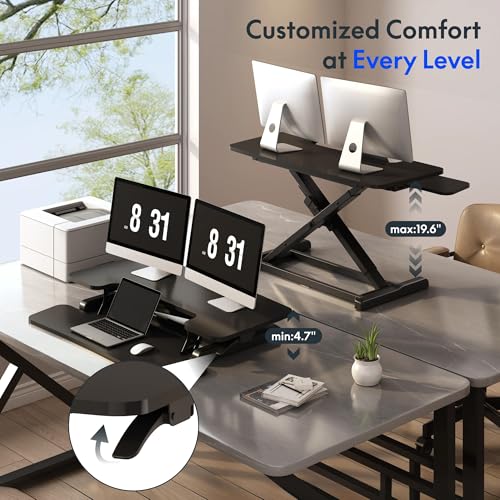 FLEXISPOT 32" Standing Desk Converter, Space-Saving Desktop Riser for Home Office, Sit Stand Computer Workstation for Laptop & Dual Monitor Setup, Black