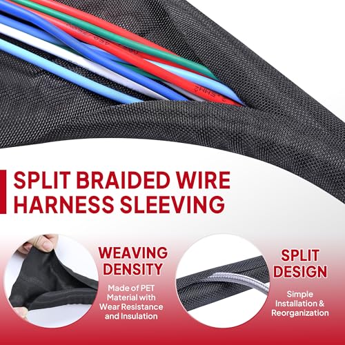 Black Braided Cable Management Sleeves Wire Loom Tubing Cord Protector Self-Wrapping (1/2"-30Feet)