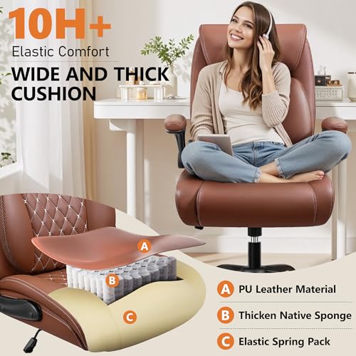 Office Chair, Ergonomic Desk Chair with Lumbar Support for Lower Back Pain Relief, Executive Leather Chair with Padded Flip-up Armrests and Wheels, Brown