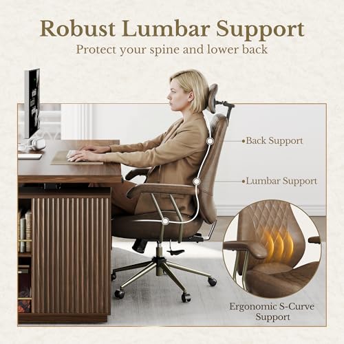 Perledesign High Back Office Chair with Lumbar Support - Ergonomic Executive Desk Chair, Adjustable Swivel Computer Chair in Premium Faux Leather for Home Office Comfort, Brown