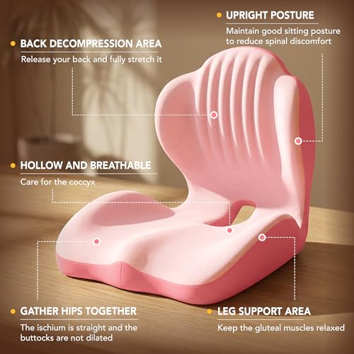 Ergonomic Seat Cushion, Office Chair Seat Cushions with L-Shaped Integrated Design, Memory Foam Orthopedic Cushion with Coccyx Hollow, Lumbar Support & Tailbone Pain Relief for Long Sitting (Pink)