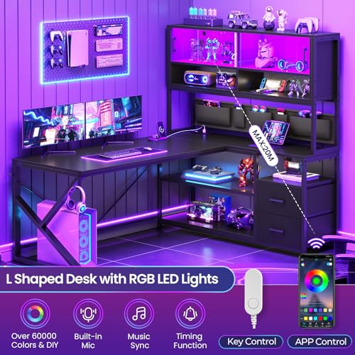 SEDETA L Shaped Gaming Desk, Home Office Computer Desk with 2 Drawer and Bookshelf, L Shaped Gaming Desk with LED Light, Glass Cabinet and Storage Bag, Corner Desk with Storage Shelves, Black