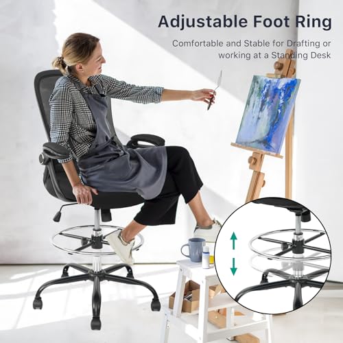 HYLONE Drafting Chair Tall Office Chair High-Back Mesh Standing Desk Stool with Adjustable Footrest Ring and Flip-Up Arms Black