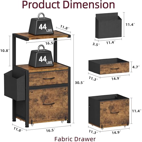 HIGDBFE File Cabinet with 2-Tier Shelf, Letter Size Drawer Filing Cabinet with Reversible Side Bag, Vertical Office Cabinet Printer Stand with Storage for Home Office, Rustic Brown, 16.5" W
