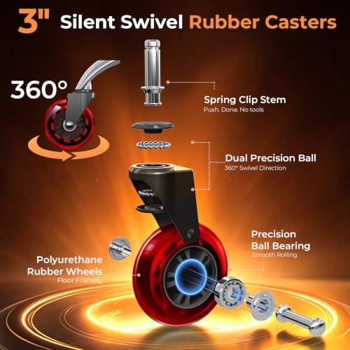 FreekyFit Office Chair Wheels for Casters Replacement - 3" Rubber Wheels for Computer Gaming Desk Caster Smooth & Safe Rolling for All Floors Including Hardwood and Carpet - Set of 5 - Red