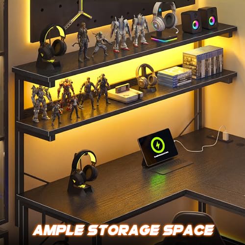 DurayLoly 53 Inch L Shaped Desk Gaming Desk with LED Light & 5 Power Outlet, Reversible Computer Desk with Shelf & Storage Bag Gamer Corner Desk with Headphone Hook for Gaming Room,Small Space,Black