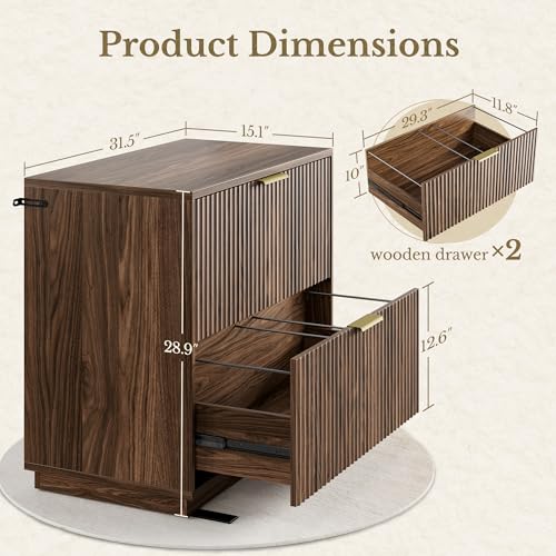 Perledesign 2 Drawer Fluted File Cabinet, 32'' Lateral File Cabinet for Legal/Letter/A4/F4 Size Hanging Files, Wood File Storage for Home Office, Black Walnut