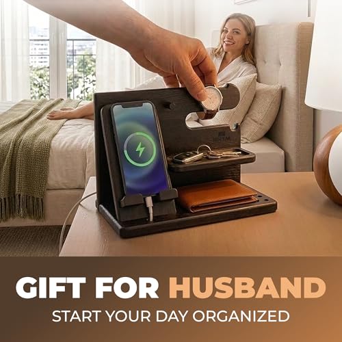TESLYAR Wood Phone Docking Station for Men - Desk or Nightstand Organizer - Birthday Gifts for Husband, Dad - Anniversary Idea from Wife - Key Holder, Stand Wallet, Watch & Essentials (Bourbon Brown)