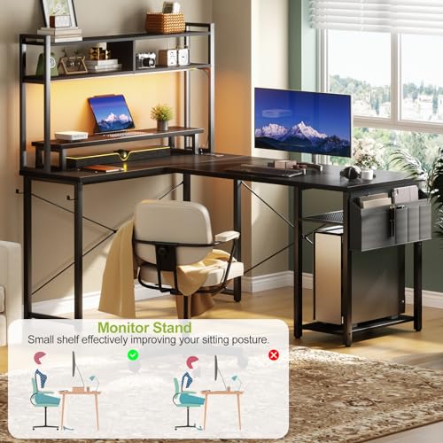 Besiost Small L Shaped Desk Gaming Desk with Power Outlets, 48" Reversible L Shaped Computer Desk with Monitor Stand & Storage Shelf, Corner Gamer Desk Home Office Desk with Storage Bag, Black