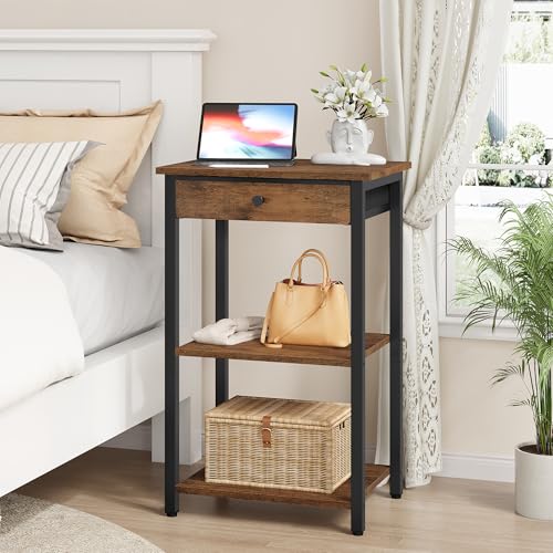 Gewudraw Printer Stand with Storage Drawer, 3-Tier Under Desk Printer Table, End Table for Home Office, Living Room, Bedroom, Brown