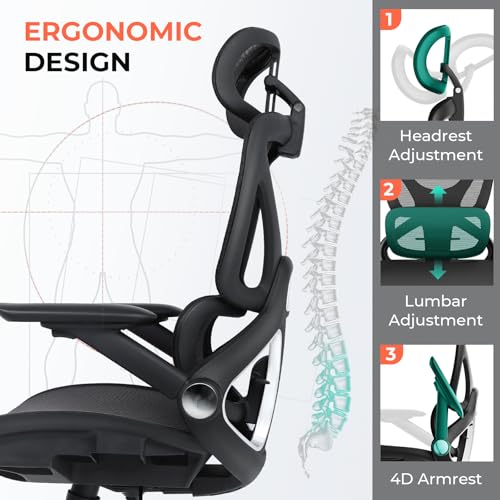 CAPOT Ergonomic Mesh Office Chair, Adjustable Lumbar High Back Desk Chair 400lbs, 4D Flip-up Arms, 3-Level Tilt Backrest, 3D Headrest, PU Wheels, Swivel Rolling Computer Seating for Long Desk Work